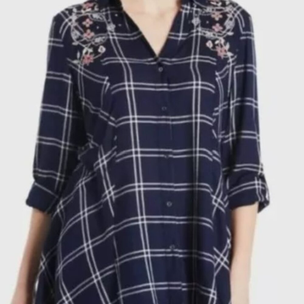 Vintage America Ries Top/Tunic Embroidered Plaid Flannel Sz L Boho Cottagecore